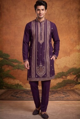Wine Japanese Embroidery Mens Festive Wear Kurta Set