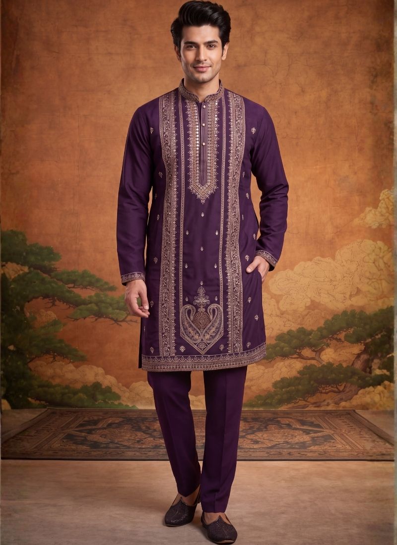 Wine Japanese Embroidery Mens Festive Wear Kurta Set