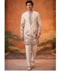 Cream Art Linen Embroidery Mens Festive Wear Kurta Set