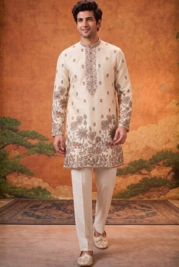 Cream Art Linen Embroidery Mens Festive Wear Kurta Set