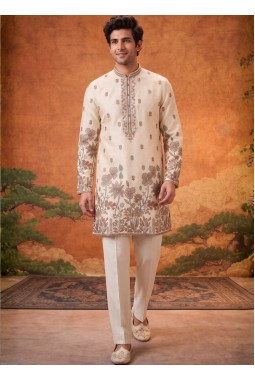 Cream Art Linen Embroidery Mens Festive Wear Kurta Set