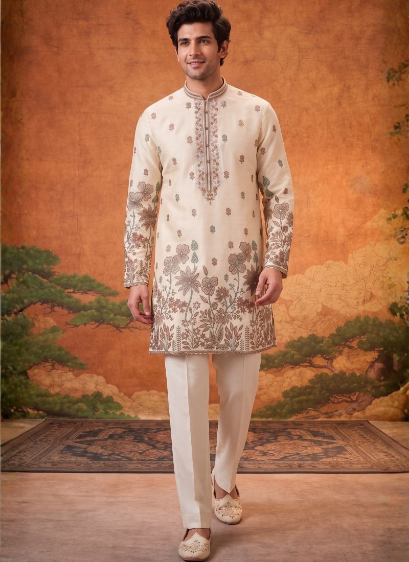 Cream Art Linen Embroidery Mens Festive Wear Kurta Set