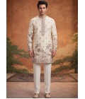 Cream Art Linen Embroidery Mens Festive Wear Kurta Set