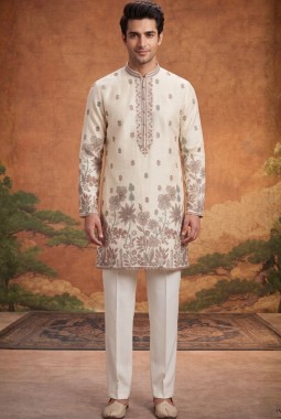 Cream Art Linen Embroidery Mens Festive Wear Kurta Set