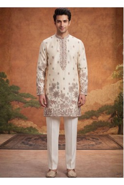 Cream Art Linen Embroidery Mens Festive Wear Kurta Set