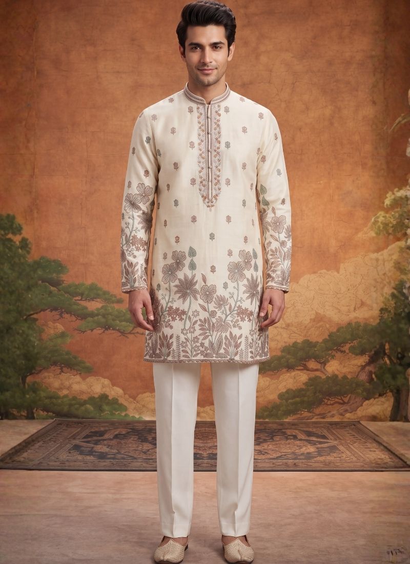 Cream Art Linen Embroidery Mens Festive Wear Kurta Set