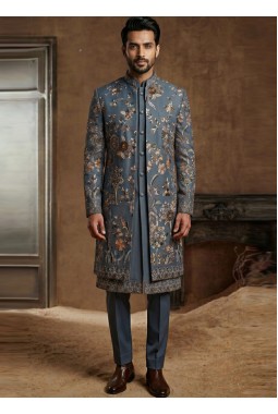 Luxury Slate Blue Indo Western Ensemble with Polo Pant