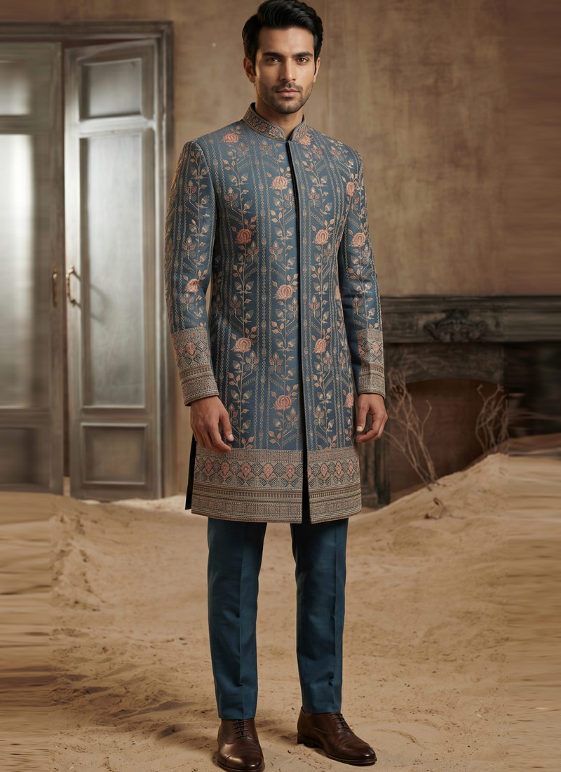 Royal English Blue Embroidered Nawabi Suit with Polo Pant
