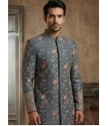 Royal English Blue Embroidered Nawabi Suit with Polo Pant