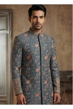Royal English Blue Embroidered Nawabi Suit with Polo Pant