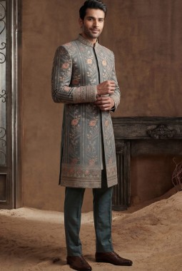 Premium Slate Green Embroidered Nawabi Suit with Polo Pant