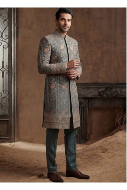 Premium Slate Green Embroidered Nawabi Suit with Polo Pant