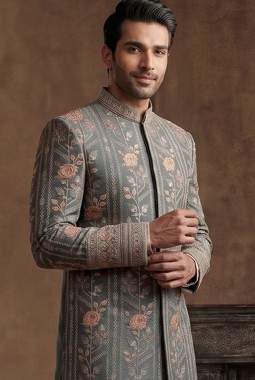Premium Slate Green Embroidered Nawabi Suit with Polo Pant