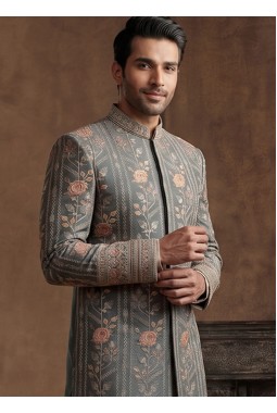 Premium Slate Green Embroidered Nawabi Suit with Polo Pant