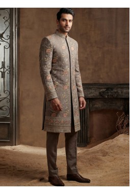 Premium Slate Brown Embroidered Nawabi Suit with Polo Pant