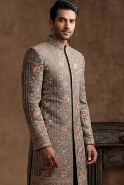 Premium Slate Brown Embroidered Nawabi Suit with Polo Pant