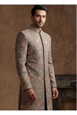 Premium Slate Brown Embroidered Nawabi Suit with Polo Pant