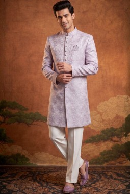 Lilac Jacquard Mens Wedding Indo Western 