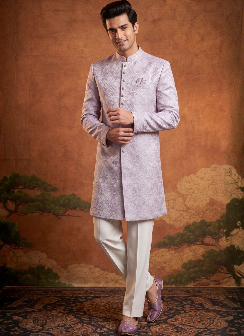 Lilac Jacquard Mens Wedding Indo Western 
