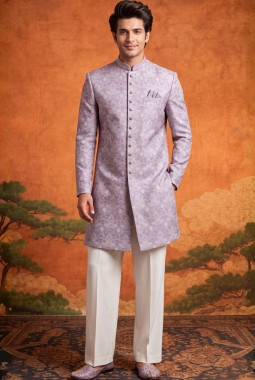 Lilac Jacquard Mens Wedding Indo Western 
