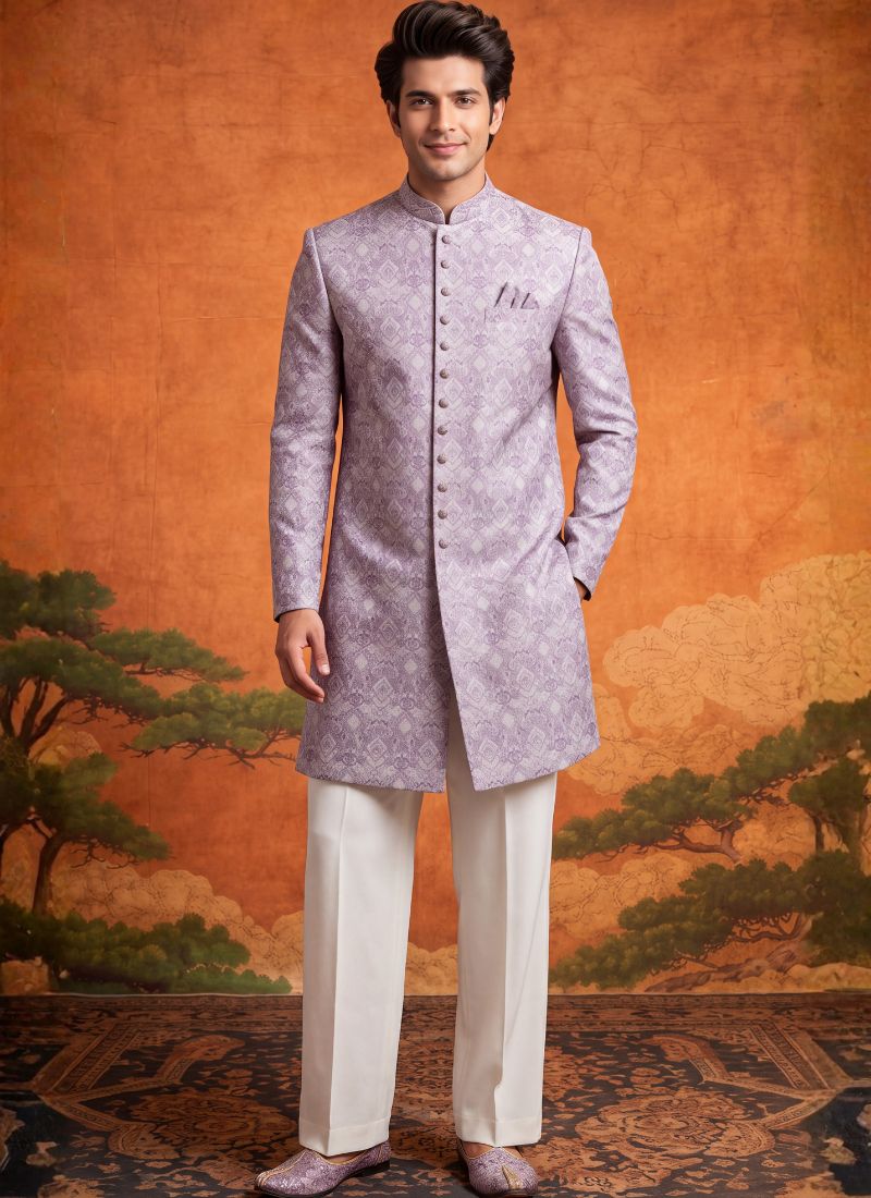 Lilac Jacquard Mens Wedding Indo Western 