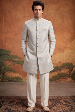 Off White Jacquard Mens Wedding Indo Western