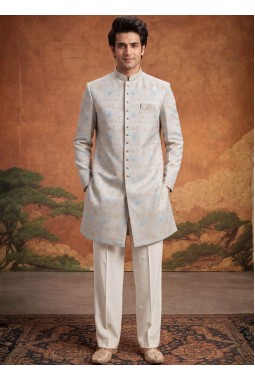 Off White Jacquard Mens Wedding Indo Western