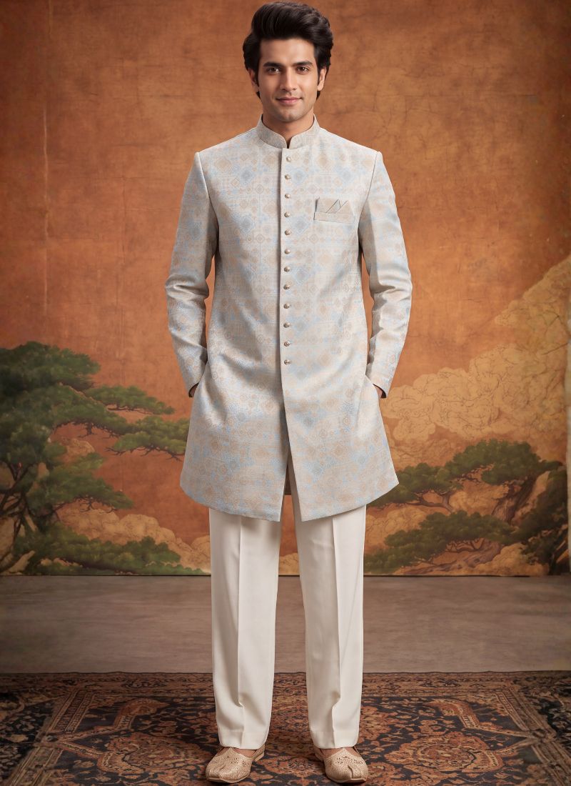 Off White Jacquard Mens Wedding Indo Western