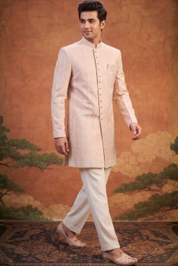 Peach Jacquard Mens Wedding Indo Western