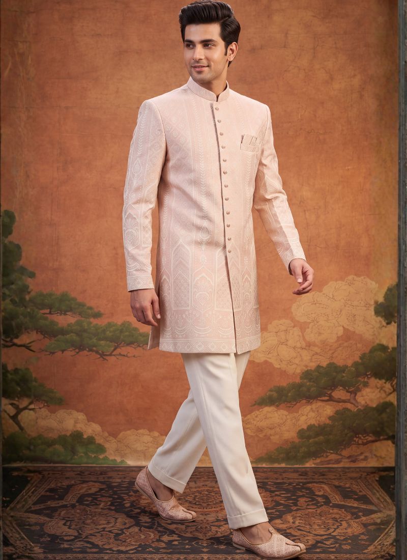 Peach Jacquard Mens Wedding Indo Western