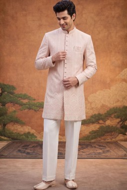 Peach Jacquard Mens Wedding Indo Western