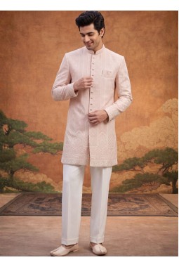 Peach Jacquard Mens Wedding Indo Western