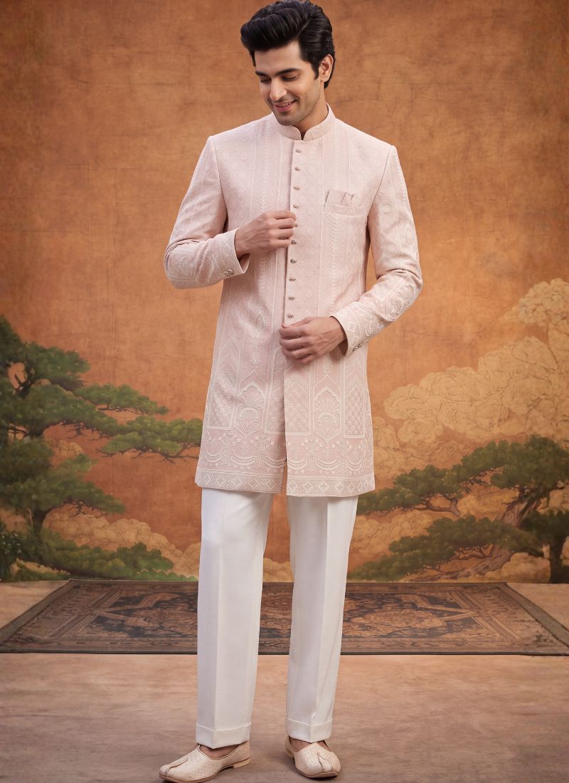 Peach Jacquard Mens Wedding Indo Western