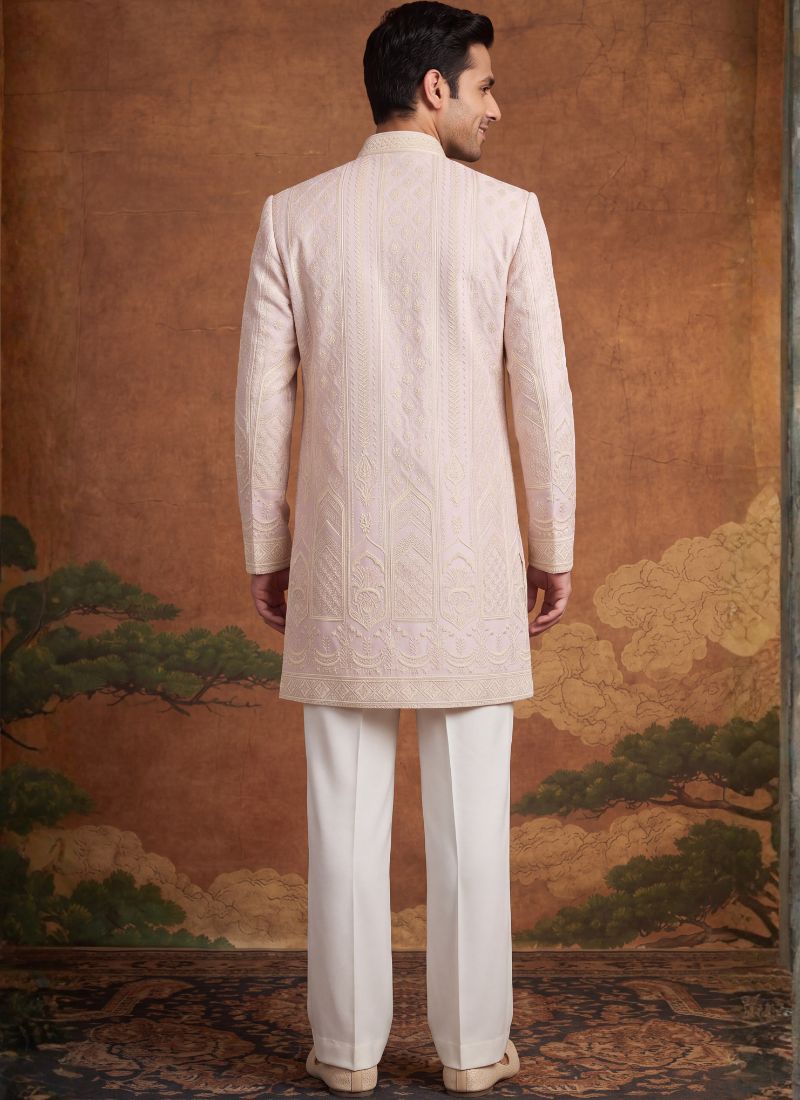 Lilac Jacquard Mens Wedding Indo Western