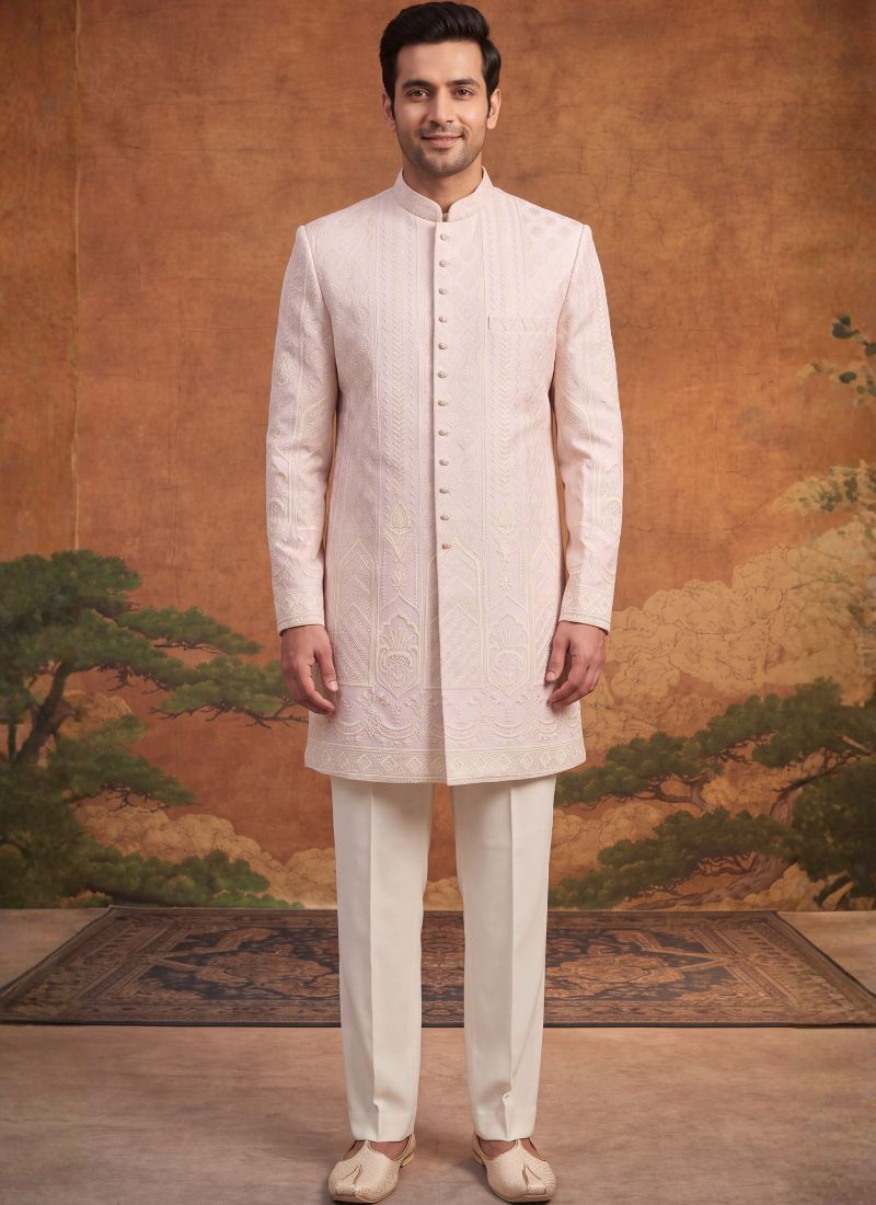 Lilac Jacquard Mens Wedding Indo Western