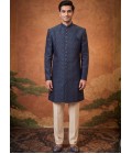 Navy Blue Jacquard Mens Wedding Indo Western
