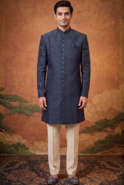 Navy Blue Jacquard Mens Wedding Indo Western