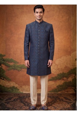 Navy Blue Jacquard Mens Wedding Indo Western
