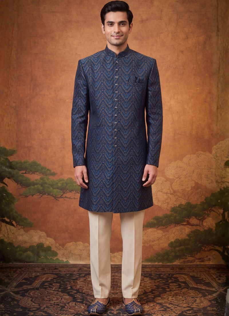 Navy Blue Jacquard Mens Wedding Indo Western