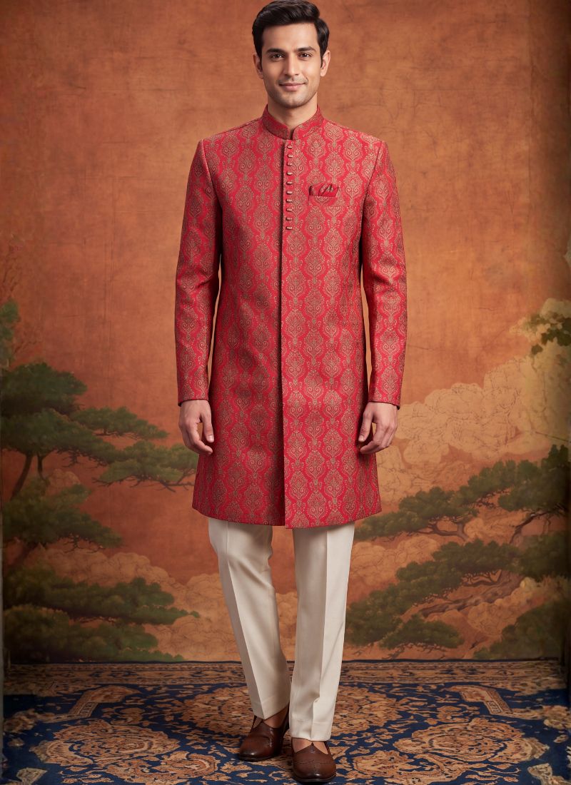 Rani Art Silk Embroidery Mens Wedding Indo Western