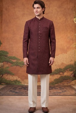 Rust Jacquard Mens Wedding Indo Western
