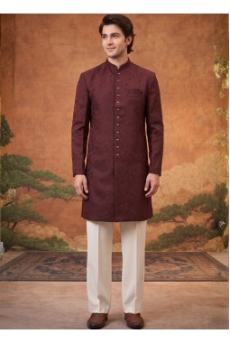 Rust Jacquard Mens Wedding Indo Western