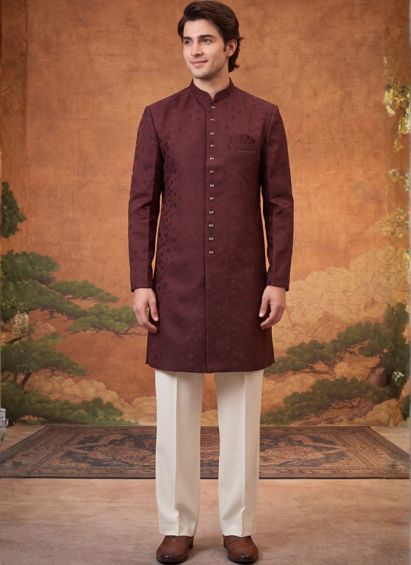 Rust Jacquard Mens Wedding Indo Western