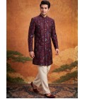 Wine Velvet Embroidery Mens Wedding Indo Western