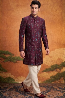 Wine Velvet Embroidery Mens Wedding Indo Western