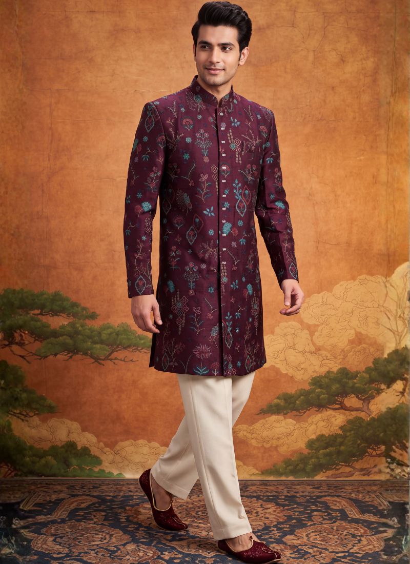 Wine Velvet Embroidery Mens Wedding Indo Western