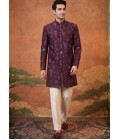 Wine Velvet Embroidery Mens Wedding Indo Western