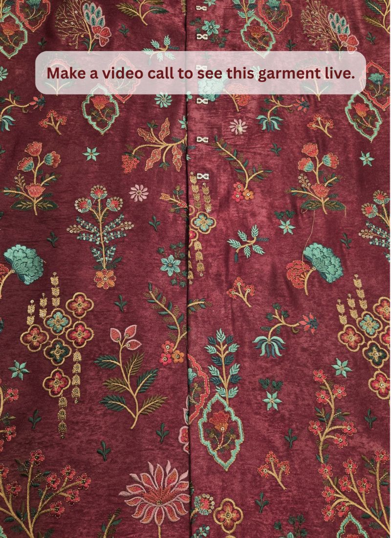 Wine Velvet Embroidery Mens Wedding Indo Western