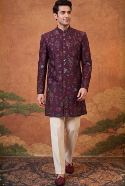 Wine Velvet Embroidery Mens Wedding Indo Western