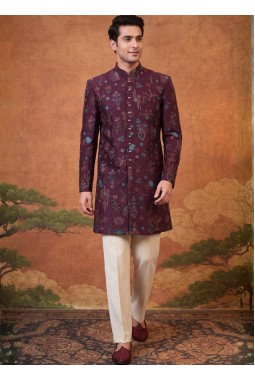 Wine Velvet Embroidery Mens Wedding Indo Western